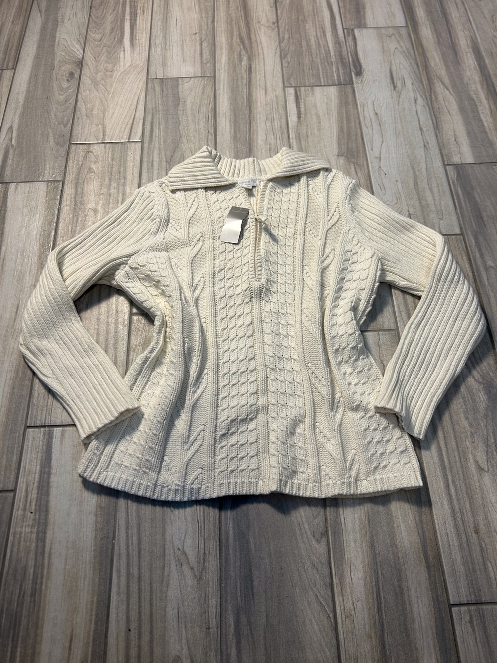 NWT Cable Knit Cream Pullover Sweater 1/4 Zip Oversize Collar Ribbed Long Sleeve